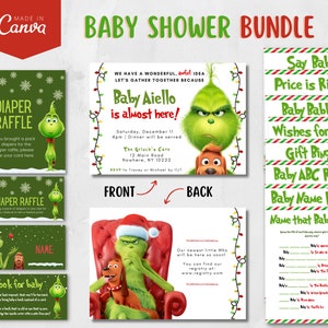 Grinch Baby Shower Bundle, Christmas Baby Shower Invitation Set, Canva Editable Template, Grinchmas Baby Shower Bundle, Invite Template