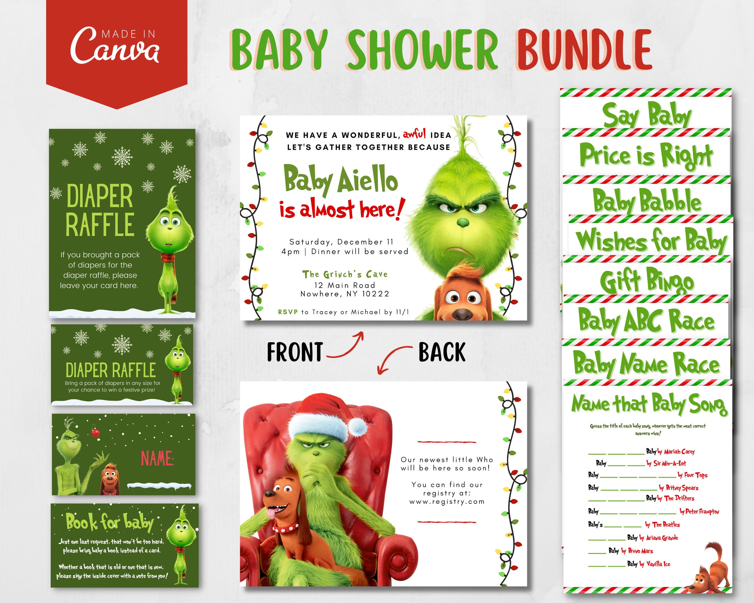 Grinch Baby Shower Bundle, Christmas Baby Shower Invitation Set, Canva Editable Template, Grinchmas Baby Shower Bundle, Invite Template