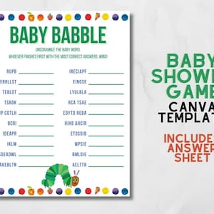 May include: A printable baby shower game template with the title "Baby Babble" in green. The game includes unscrambled words and a space for answers. The design features colorful dots and illustrations of fruits and a caterpillar.