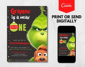 Pode incluir: Um personagem verde do Grinch com um enfeite de Natal vermelho e o texto "Grayson is a mean one" em um fundo preto. O Grinch está usando um chapéu de Papai Noel vermelho e tem uma expressão malvada no rosto. O texto "Join us for a first birthday party" está abaixo do Grinch. O texto "Saturday, December 11, 4pm | Dinner will be served" está abaixo do texto "Join us for a first birthday party". O texto "The Grinch's Cave, 12 Main Road, Nowhere, NY 10222" está abaixo do texto "Saturday, December 11, 4pm | Dinner will be served". O texto "RSVP to Tracey by November 10" está abaixo do texto "The Grinch's Cave, 12 Main Road, Nowhere, NY 10222".