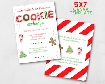 Puede incluir: Una plantilla Canva de 5x7 para una invitación a un intercambio de galletas navideñas. La invitación presenta un fondo a rayas rojas y blancas con un hombre de jengibre, un bastón de caramelo y un árbol de Navidad. El texto de la invitación dice "Estás invitado a nuestro intercambio de galletas navideñas" y "¡Por favor, trae 2-3 docenas de tus galletas favoritas!"