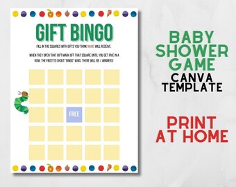 Juego de bingo para baby shower de la oruga hambrienta (plantilla editable de Canva)