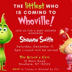 Grinch Baby Shower Invitation, Whoville Baby Shower, Christmas Movie Baby Shower, Grinchmas Baby Shower, Template, Fun Holiday Baby Shower