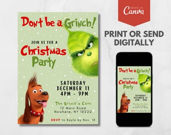 Grinch Christmas Party Invitation, Canva Editable (Digital Download)