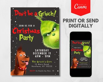 Grinch Invite, Christmas Cookie Exchange, Christmas Party Invitation, INSTANT DOWNLOAD, Canva Editable, Grinchmas Invite, Don't be a Grinch
