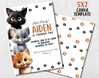 Cat Birthday Invitation, Kitty Pawty Invitation, Cat Theme Birthday Invite, Pawty Birthday Invite, Kitty Cat Theme Party, Editable Template