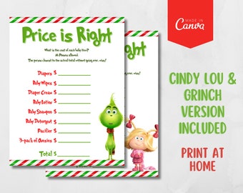 Grinch Game, Grinchmas Games, Christmas Baby Shower Game, Baby Shower Game, Grinch Games, Printable, Price is Right Game, Shower Game
