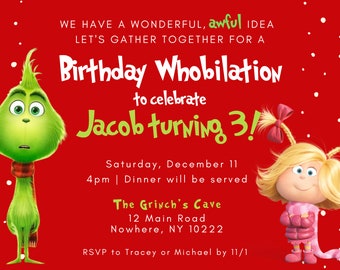 Puede incluir: Invitación de cumpleaños roja con los personajes de Grinch y Cindy Lou Who. El texto de la invitación dice "Birthday Whobilation para celebrar ¡Jacob cumple 3 años!" con detalles del evento e información RSVP.
