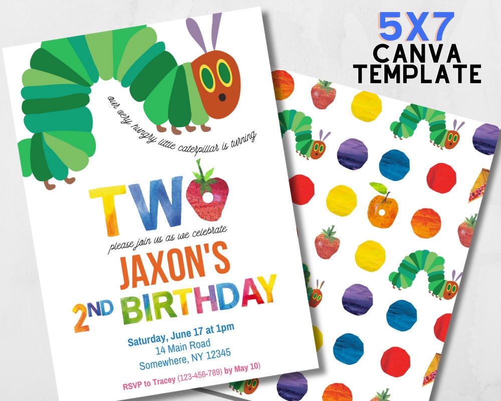 Hungry Caterpillar Invite Second Birthday Cheer Party Invitation INSTANT DOWNLOAD Canva Editable 2nd Birthday Invite Template