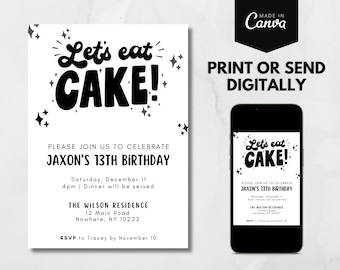 誕生日招待状、シンプルな招待状、ミニマル、白黒招待状、Canva 編集可能テンプレート、印刷可能な招待状、ティーン、ティーンエイジャー