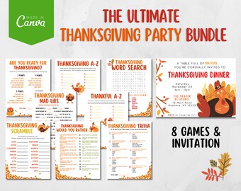 Thanksgiving Bundle, Thanksgiving Invitation Set, Canva Editable Template, Thanksgiving Games Bundle, Friendsgiving Dinner, Gratitude