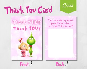 Pink Grinch Thank You Card, Whoville Party (Canva Editable Template)