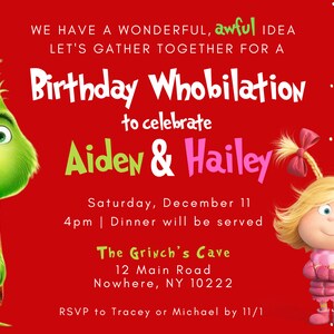 Two Kids Birthday Invitation, Grinch Birthday Party Invitation, Christmas Birthday, Canva Editable Template, Grinchmas Invitations