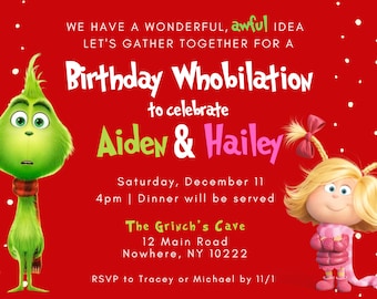 Puede incluir: Una invitación roja con copos de nieve blancos para una fiesta de cumpleaños. La invitación presenta al Grinch y Cindy Lou Who de la película "El Grinch". El texto dice "Birthday Whobilation para celebrar Aiden & Hailey. Sábado 11 de diciembre, 4pm | La cena se servirá. La cueva del Grinch, 12 Main Road, Nowhere, NY 10222. RSVP a Tracey o Michael antes del 11/1."