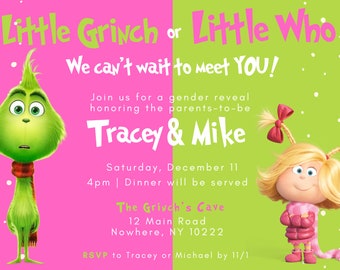 Grinch Weihnachten Baby Gender Reveal Party Einladung Pink & Grün Version - INSTANT DOWNLOAD - Canva Bearbeitbare Grinchmas Invite Vorlage