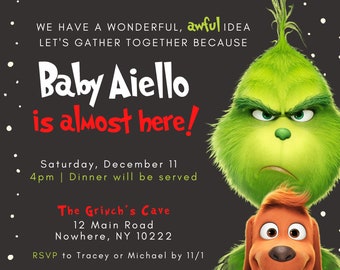 Grinch-Babyparty-Einladung, Grinch-Einladung, Weihnachts-Babyparty, Canva bearbeitbare Vorlage, Grinchmas-Babyparty, Einladungsvorlage