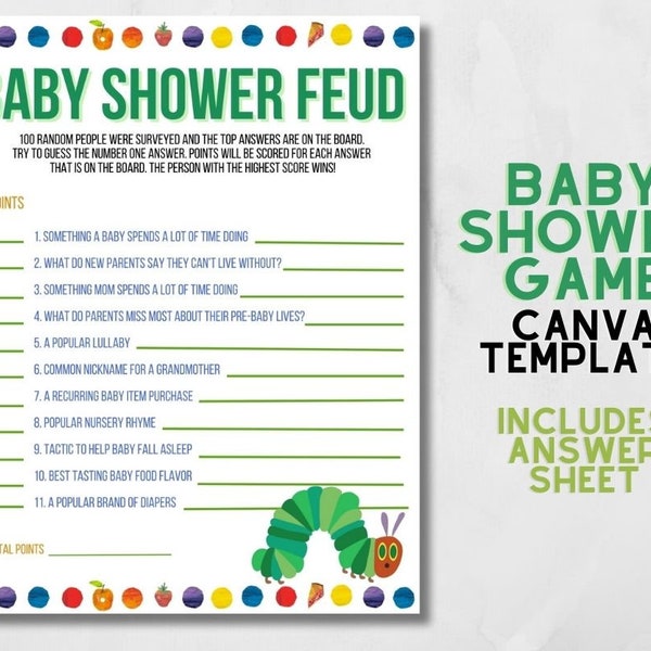 Hungry Caterpillar Baby Shower Game, Canva Editable Template, Very Hungry Caterpillar, Baby Shower Feud, Family Feud, Game Printable