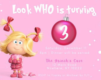Grinch Birthday Invite, Christmas Birthday Invitation, Girl Birthday Invitation, Canva Template, Grinchmas, Invitation Printable, Cindy Lou
