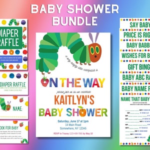 Hungrige Raupe Baby Shower, Bundle Einladung Set, Canva editierbare Vorlage, Sehr Hungrige Raupe, Baby Shower Set, Windel Verlosung