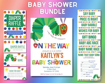 Hungry Caterpillar Baby Shower, Bundle Invitation Set, Canva Editable Template, Very Hungry Caterpillar, Baby Shower Set, Diaper Raffle