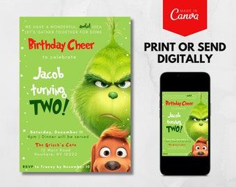 Peut inclure: Invitation d'anniversaire verte et rouge avec le Grinch du film "Le Grinch". L'invitation indique "Birthday Cheer" et "Jacob turning Two!" avec une date et une heure pour la fête.