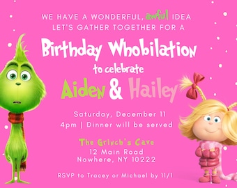 Cumpleaños de dos niños, cumpleaños de Grinch, cumpleaños de Navidad, invitación a una fiesta, plantilla editable de Canva, Grinchmas, invitación imprimible