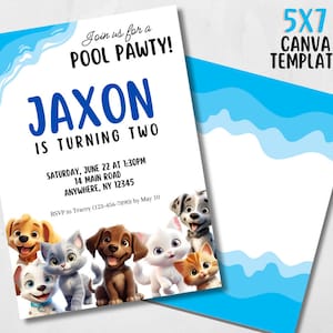 Dog Birthday Invitation, Puppy Pawty Invite, Dog Theme Birthday Invite, Pool Pawty Birthday Invite, Cat Theme, Kitty Cat Invite, Pool Party