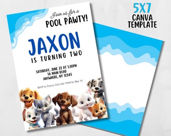 Dog Birthday Invitation, Puppy Pawty Invite, Dog Theme Birthday Invite, Pool Pawty Birthday Invite, Cat Theme, Kitty Cat Invite, Pool Party