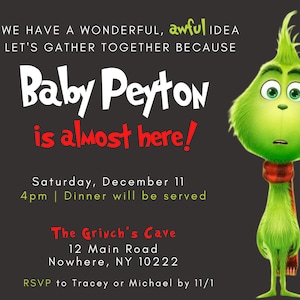 Grinch Baby Shower Invitation, Canva Editable, Christmas Movie Baby Shower, Grinchmas Baby Shower, Invite Template, Fun Holiday Baby Shower