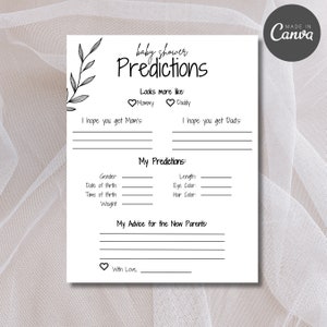 Prédictions du jeu de baby shower | Jeux de baby shower imprimables | Jeu de prédictions | Neutre en matière de genre | Modèle modifiable | Téléchargement instantané de Canva