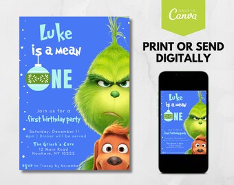 Pode incluir: Um convite de aniversário azul e verde com o Grinch do filme "O Grinch". O convite diz "Luke is a mean one" e inclui detalhes para uma festa de primeiro aniversário.