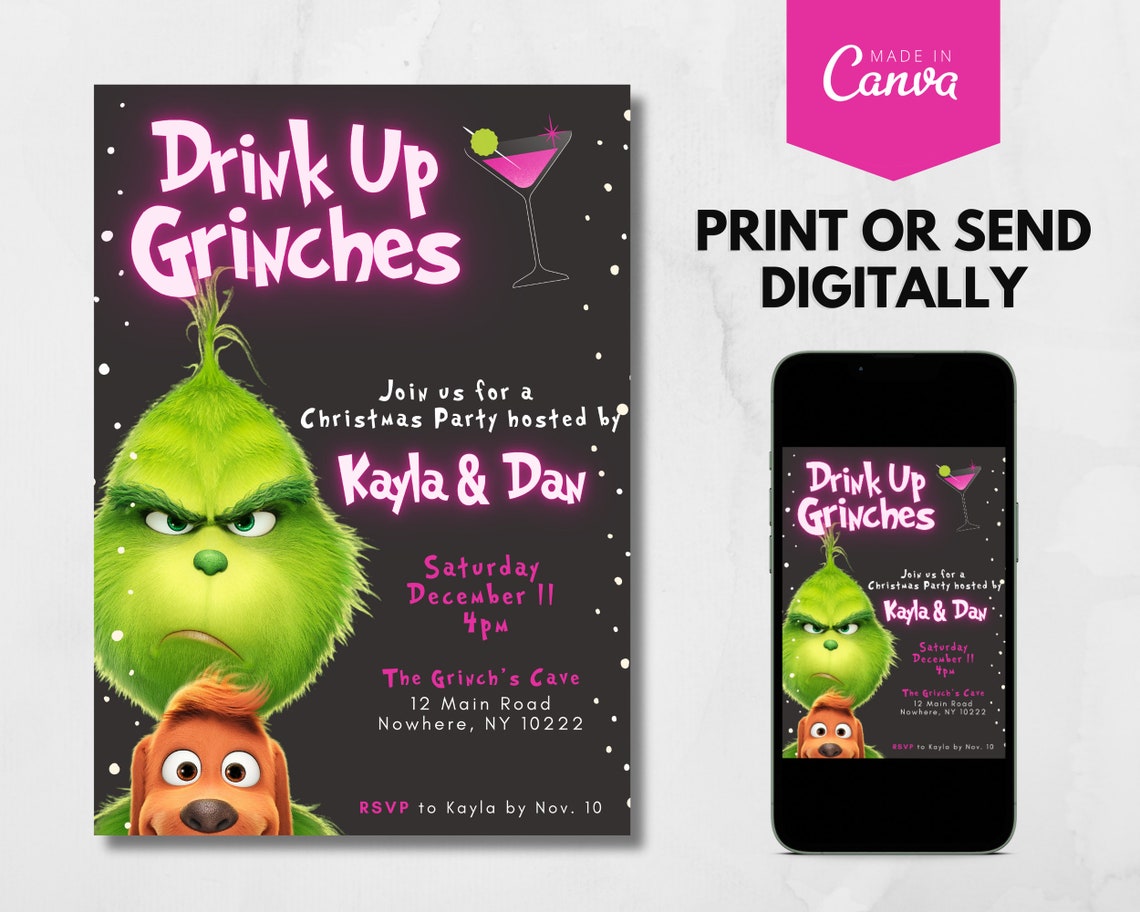 Grinch Invite, Christmas Party Invitation, Bachelorette Invite, Canva ...