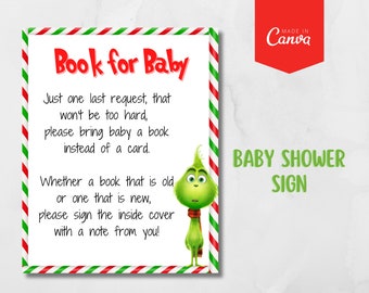 Grinch Baby Shower Book Request Table Sign |  Grinchmas Baby Shower Decor | Printable Christmas Shower Sign | Christmas Book Request Sign
