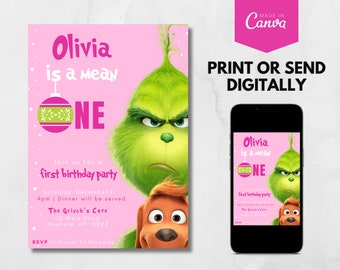 Pode incluir: Convite rosa para festa de aniversário com o Grinch e Max. O convite diz "Olivia is a mean ONE" com detalhes da festa. Um smartphone exibe o convite. O logotipo da Canva é visível.