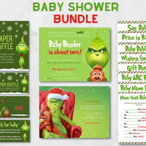 Grinch Baby Shower Bundle, Christmas Baby Shower Invitation Set, Canva Editable Template, Grinchmas Baby Shower Bundle, Invite Template