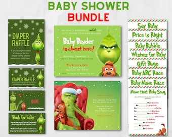 Grinch Baby Shower Bundle, Christmas Baby Shower Invitation Set, Canva Editable Template, Grinchmas Baby Shower Bundle, Invite Template