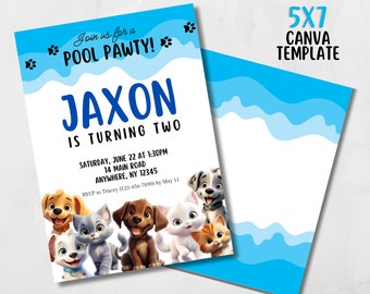 Dog Birthday Invitation, Puppy Pawty Invite, Dog Theme Birthday Invite, Pool Pawty Birthday Invite, Cat Theme, Cats and Dogs, Pool Party