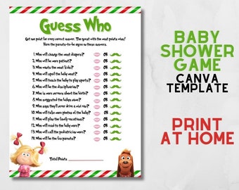 グリンチ ベビーシャワー ゲーム 即時ダウンロード - Canva 編集可能なグリンチマス ベビーシャワー 誰だゲーム テンプレート - 自宅で印刷