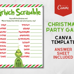 Grinch Game, Grinchmas Games, Christmas Party Games, How the Grinch Stole Christmas Games, Grinch Games, Printable, Word Scramble