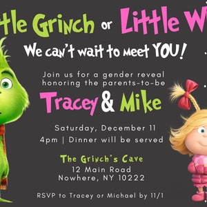 Invitación para fiesta de revelación del género del bebé de Navidad de Grinch, versión oscura - DESCARGA INSTANTÁNEA - Plantilla de invitación de Grinchmas editable de Canva