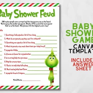 Grinch Baby Shower Game INSTANT DOWNLOAD - Canva Editable Grinchmas Baby Shower Feud Game Template - Print at home