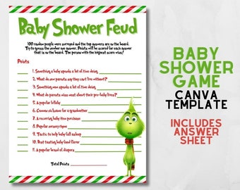 Grinch Baby Shower Spiel INSTANT DOWNLOAD - Canva Bearbeitbare Grinchmas Baby Shower Feud Spielvorlage - Print zu Hause