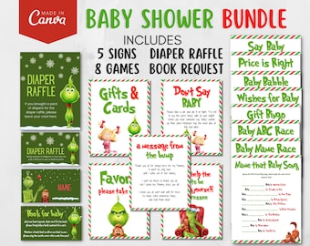 Grinch Baby Shower Bundle, Christmas Baby Shower Invitation Set, Canva Editable Template, Grinchmas Baby Shower Supplement, Invite Template