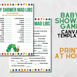 Hungry Caterpillar Baby Shower Spiel, Canva editierbare Vorlage, sehr hungrige Raupe, Baby Shower Mad Libs, Spielvorlage zum Ausdrucken