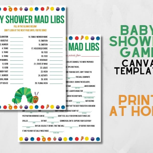 Hungry Caterpillar Baby Shower Game, Canva Editable Template, Very Hungry Caterpillar, Baby Shower Mad Libs, Game Template Printable
