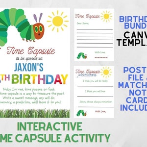 Hungry Caterpillar Primeira Festa de Aniversário Cartaz e Cartões de Anotação - DOWNLOAD INSTANTÂNEO - Modelo de convite de primeiro aniversário editável em Canva