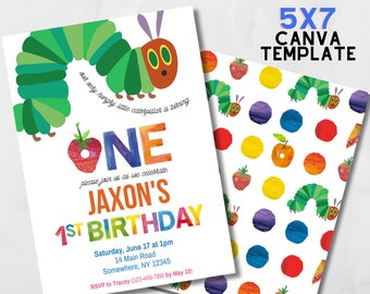 Hungry Caterpillar Invite First Birthday Cheer Party Invitation - INSTANT DOWNLOAD - Canva Editable 1st Birthday Invite Template