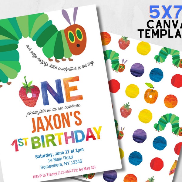 Hungry Caterpillar Invite First Birthday Cheer Party Invitation - INSTANT DOWNLOAD - Canva Editable 1st Birthday Invite Template