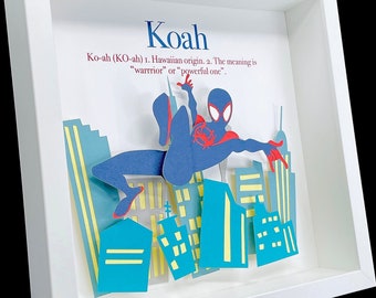 Personalized Baby Name Frame of Spiderman, Miles Morales, Into the Spider Verse with Name, Origin & Meaning, Spiderman Nursery Decor Art