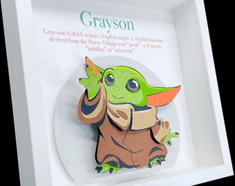 Personalisierter Baby Yoda Namen Rahmen, Star Wars Mandolarisches Kinderzimmer Dekor, Name Herkunft und Bedeutung, Baby Yoda Baby Shower Geschenk, Neues Baby Geschenk
